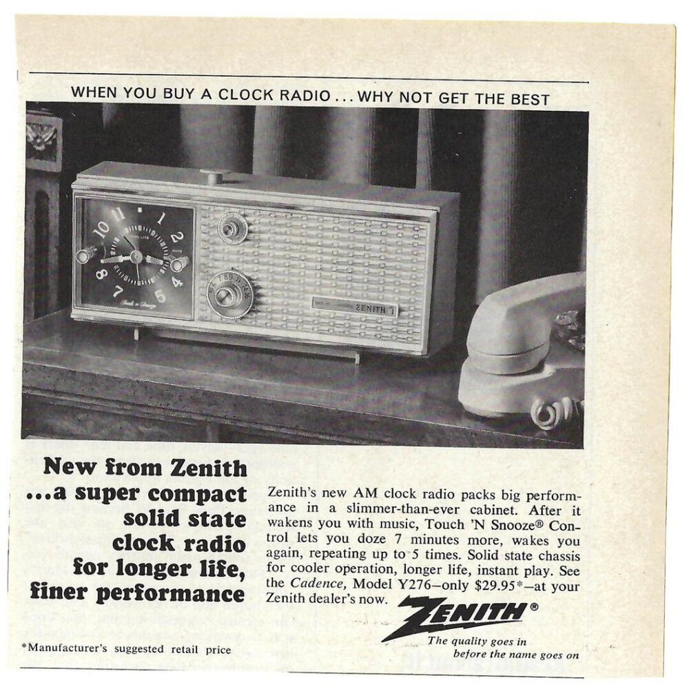 1967 Zenith Compact AM Solid State Clock Radio Vintage Magazine Print Ad